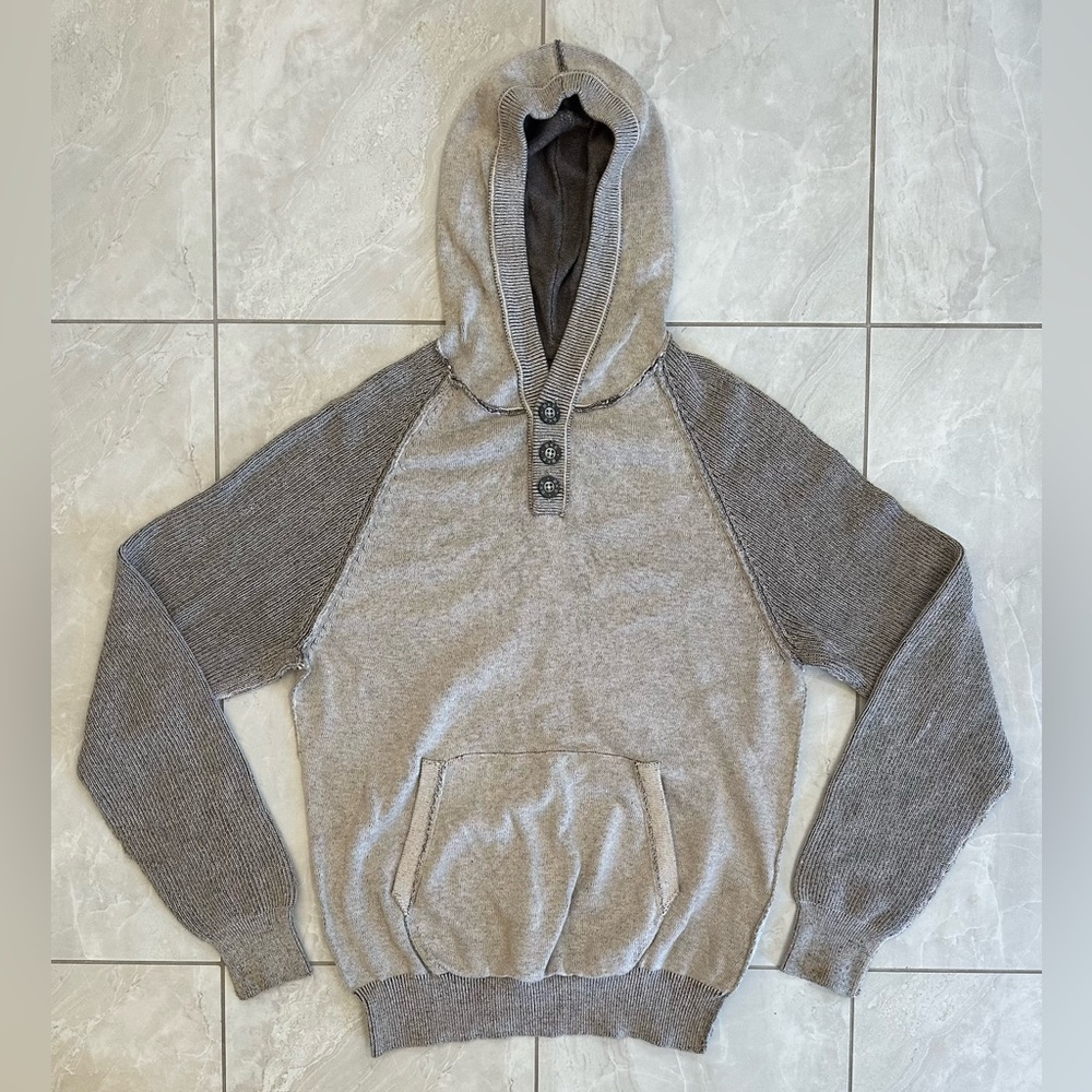 BKE Hooded Button Collar Sweater - Cream / Beige / Grey, Medium